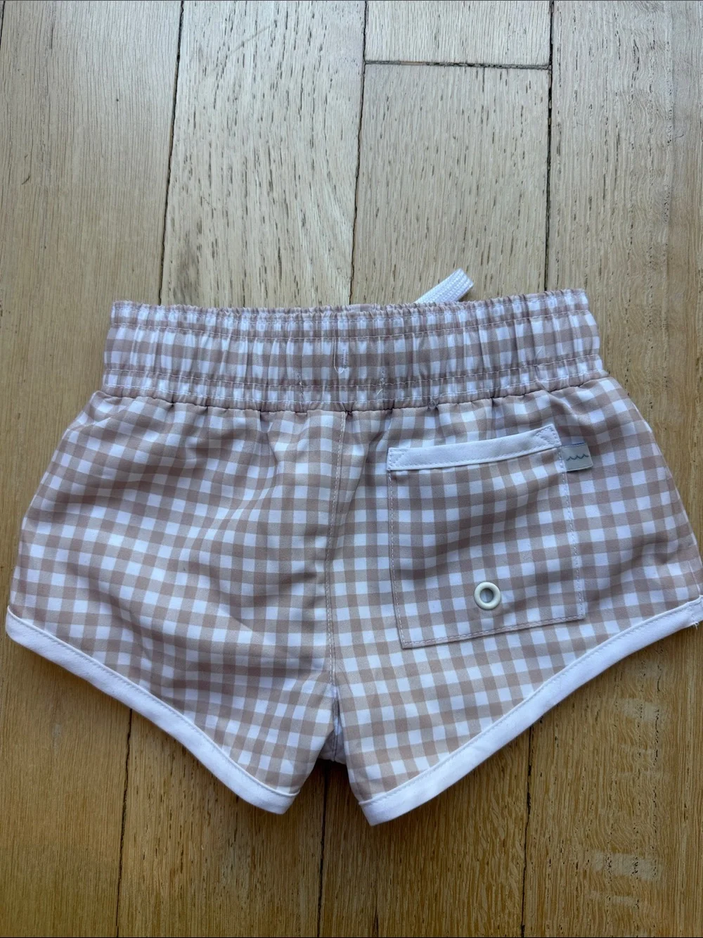 Boys Minnow Gingham Drawstring Shorts in Beige and White